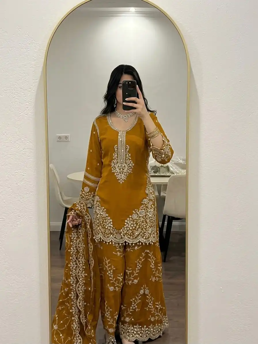 ZSR 3187 Yellow Faux Georgette Salwar Suit with Mirror Work & Embroidery Work. Get it for ₹2349. Delivery 4-6 Working Days. Shop now. | Jump Suits, Salwar suit, Casual Suits, Creative suits, Designer Suits, Palazzo Suits, Party Wear Suits, Patiala Suits, Straight Suits