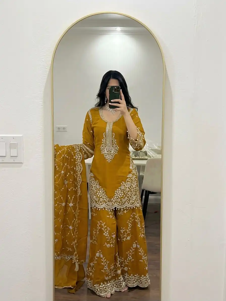 ZSR 3187 Yellow Faux Georgette Salwar Suit with Mirror Work & Embroidery Work. Get it for ₹2349. Delivery 4-6 Working Days. Shop now. | Jump Suits, Salwar suit, Casual Suits, Creative suits, Designer Suits, Palazzo Suits, Party Wear Suits, Patiala Suits, Straight Suits