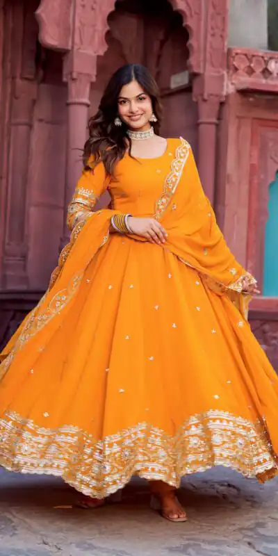 SP 23 Yellow Faux Georgette Gown with Mirror Work & Embroidery Work. Get it for ₹2299. Delivery 4-6 Working Days. Online Shop now. | Gowns, Bollywood Gowns, Creative Gowns, Designer Gowns, Embroidered Gowns, Party Wear Gowns