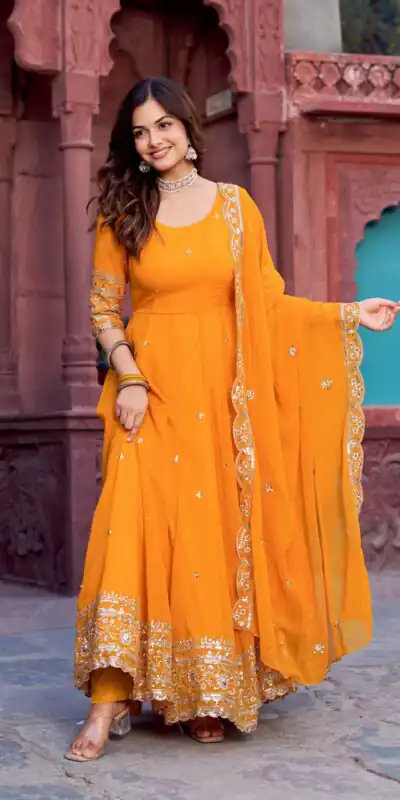 SP 23 Yellow Faux Georgette Gown with Mirror Work & Embroidery Work. Get it for ₹2299. Delivery 4-6 Working Days. Online Shop now. | Gowns, Bollywood Gowns, Creative Gowns, Designer Gowns, Embroidered Gowns, Party Wear Gowns