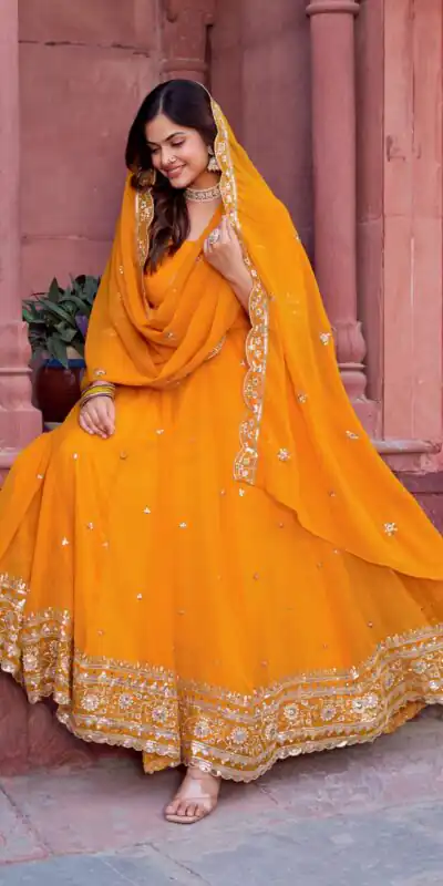 SP 23 Yellow Faux Georgette Gown with Mirror Work & Embroidery Work. Get it for ₹2299. Delivery 4-6 Working Days. Online Shop now. | Gowns, Bollywood Gowns, Creative Gowns, Designer Gowns, Embroidered Gowns, Party Wear Gowns