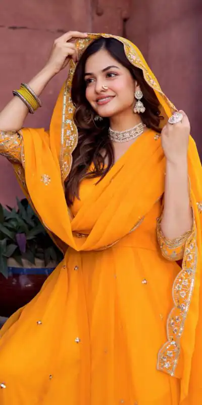 SP 23 Yellow Faux Georgette Gown with Mirror Work & Embroidery Work. Get it for ₹2299. Delivery 4-6 Working Days. Online Shop now. | Gowns, Bollywood Gowns, Creative Gowns, Designer Gowns, Embroidered Gowns, Party Wear Gowns
