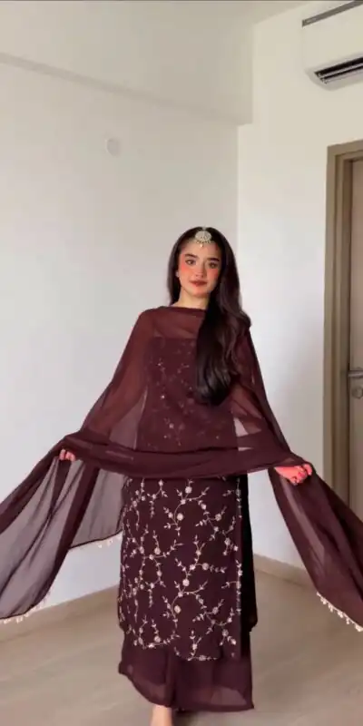 RTC 6067 Brown Faux Georgette Salwar Suit with Mirror Work & Embroidery Work. Get it for ₹2049. Delivery 4-6 Working Days. Shop now. | Jump Suits, Salwar suit, Casual Suits, Creative suits, Designer Suits, Palazzo Suits, Party Wear Suits, Patiala Suits, Straight Suits