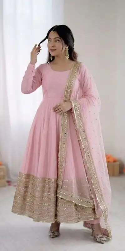 ZSR 3152 Pink Color Roman silk Gown with Embroidery Work & Lace Work. Grab it for ₹2599. Delivery 4-6 Working Days. Shop now. | Gowns, Bollywood Gowns, Creative Gowns, Designer Gowns, Embroidered Gowns, Party Wear Gowns
