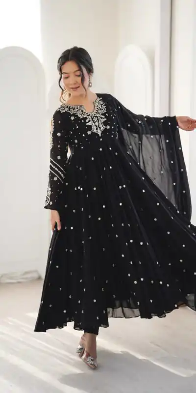 JF 056 Black Faux Georgette Salwar Suit with Mirror Work & Embroidery Work. Get it for ₹2349. Delivery 4-6 Working Days. Shop now. | Jump Suits, Salwar suit, Casual Suits, Creative suits, Designer Suits, Palazzo Suits, Party Wear Suits, Patiala Suits, Straight Suits