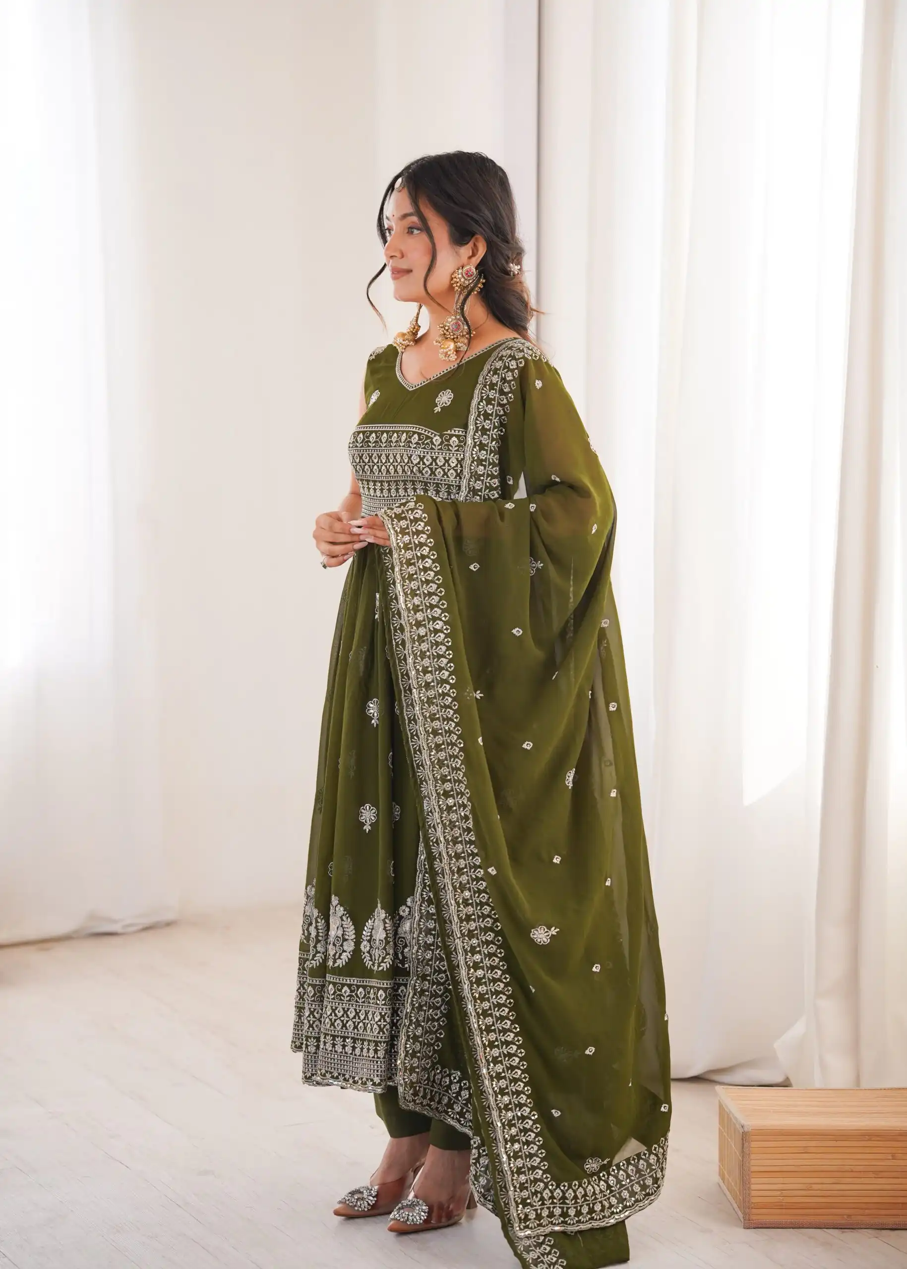 SP 91 Mehendi| Faux Georgette Salwar Suit with Lace Work & Digital Print. Introductory Price ₹2799. Delivery 4-6 Working Days. Shop now. | Anarkali Suits, Bollywood Anarkali, Creative-Anarkali, Designer Anarkali, Embroidered Anarkali, Party Wear Anarkali