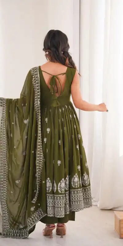 SP 91 Mehendi| Faux Georgette Salwar Suit with Lace Work & Digital Print. Introductory Price ₹2799. Delivery 4-6 Working Days. Shop now. | Anarkali Suits, Bollywood Anarkali, Creative-Anarkali, Designer Anarkali, Embroidered Anarkali, Party Wear Anarkali