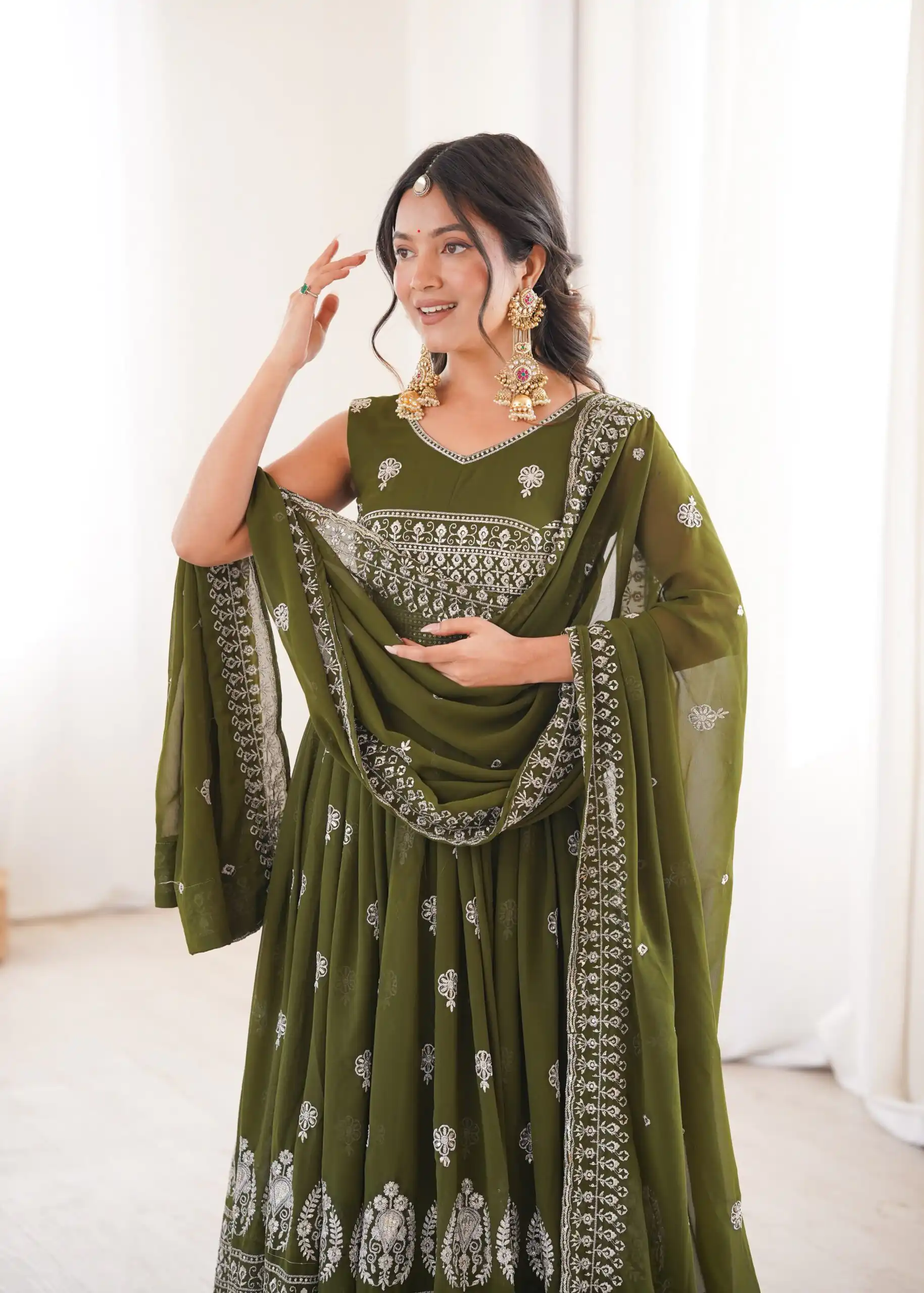 SP 91 Mehendi| Faux Georgette Salwar Suit with Lace Work & Digital Print. Introductory Price ₹2799. Delivery 4-6 Working Days. Shop now. | Anarkali Suits, Bollywood Anarkali, Creative-Anarkali, Designer Anarkali, Embroidered Anarkali, Party Wear Anarkali
