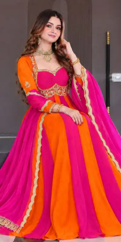 ND 5072 Pink Fendy Silk Gown with Embroidery Work & Sequins Work. Special Price ₹2849. Delivery 4-6 Working Days. Shop now. | Gowns, Bollywood Gowns, Creative Gowns, Designer Gowns, Embroidered Gowns, Party Wear Gowns