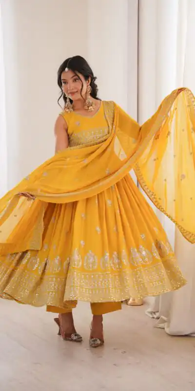 SP 91 Yellow| Faux Georgette Salwar Suit with Lace Work & Digital Print. Introductory Price ₹2799. Delivery 4-6 Working Days. Shop now. | Anarkali Suits, Bollywood Anarkali, Creative-Anarkali, Designer Anarkali, Embroidered Anarkali, Party Wear Anarkali