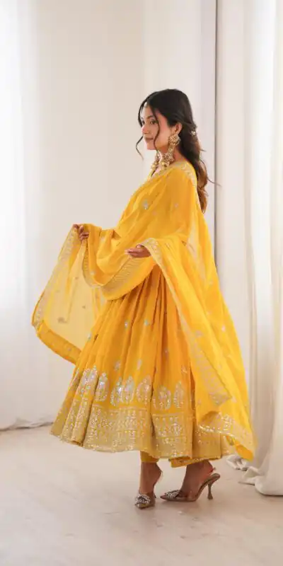 SP 91 Yellow| Faux Georgette Salwar Suit with Lace Work & Digital Print. Introductory Price ₹2799. Delivery 4-6 Working Days. Shop now. | Anarkali Suits, Bollywood Anarkali, Creative-Anarkali, Designer Anarkali, Embroidered Anarkali, Party Wear Anarkali