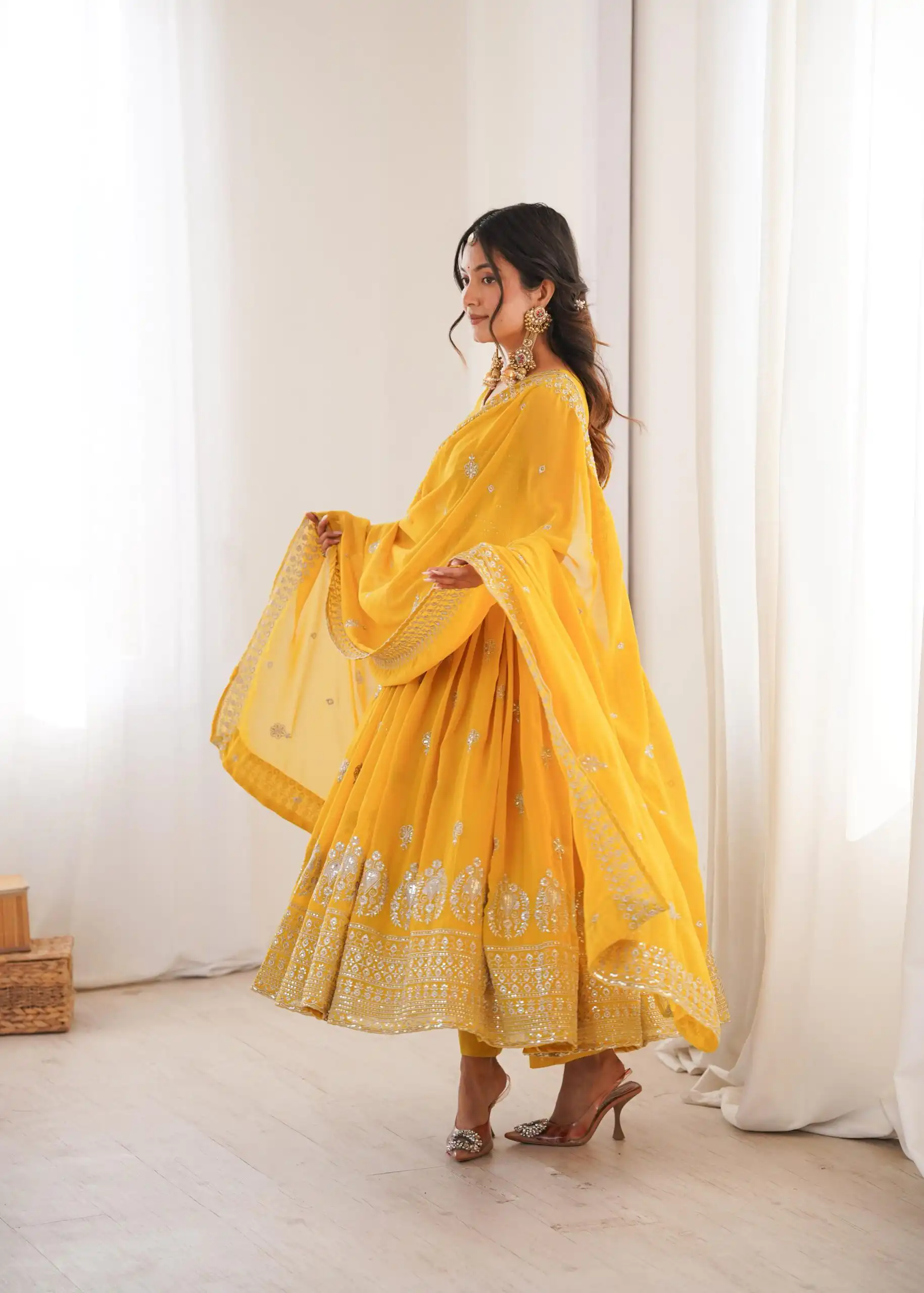 SP 91 Yellow| Faux Georgette Salwar Suit with Lace Work & Digital Print. Introductory Price ₹2799. Delivery 4-6 Working Days. Shop now. | Anarkali Suits, Bollywood Anarkali, Creative-Anarkali, Designer Anarkali, Embroidered Anarkali, Party Wear Anarkali