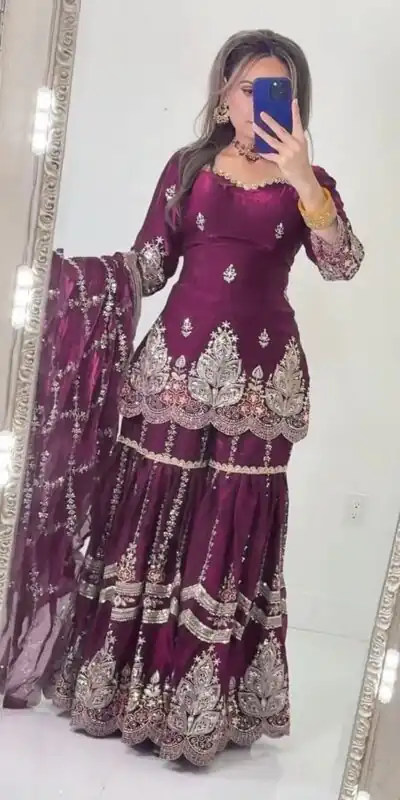 NF 1297 Wine Fendy Silk Salwar Suitwith Embroidery Work & Lace Work. Now at just ₹2799. Delivery 4-6 Working Days. Shop now. | Jump Suits, Salwar suit, Casual Suits, Creative suits, Designer Suits, Palazzo Suits, Party Wear Suits, Patiala Suits, Straight Suits
