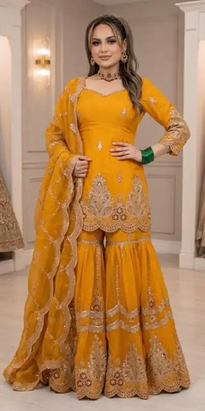 NF 1297 Yellow Fendy Silk Salwar Suitwith Embroidery Work & Lace Work. Now at just ₹2799. Delivery 4-6 Working Days. Shop now. | Jump Suits, Salwar suit, Casual Suits, Creative suits, Designer Suits, Palazzo Suits, Party Wear Suits, Patiala Suits, Straight Suits