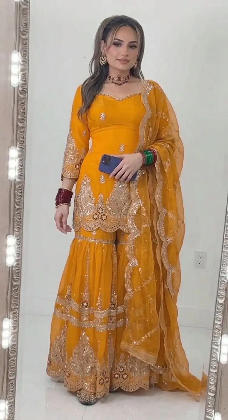 NF 1297 Yellow Fendy Silk Salwar Suitwith Embroidery Work & Lace Work. Now at just ₹2799. Delivery 4-6 Working Days. Shop now. | Jump Suits, Salwar suit, Casual Suits, Creative suits, Designer Suits, Palazzo Suits, Party Wear Suits, Patiala Suits, Straight Suits