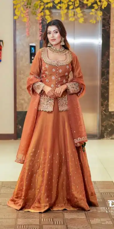 ZC 9008 Peach Simmer Silk Lehenga Choli with Embroidery Work & Sequins Work. Introductory Price ₹2199. Delivery 4-6 Working Days. Shop now. | Lehenga, Bollywood Lehenga, Creative Lehenga, Designer Lehenga, Embroidered Lehenga, Party Wear Lehenga