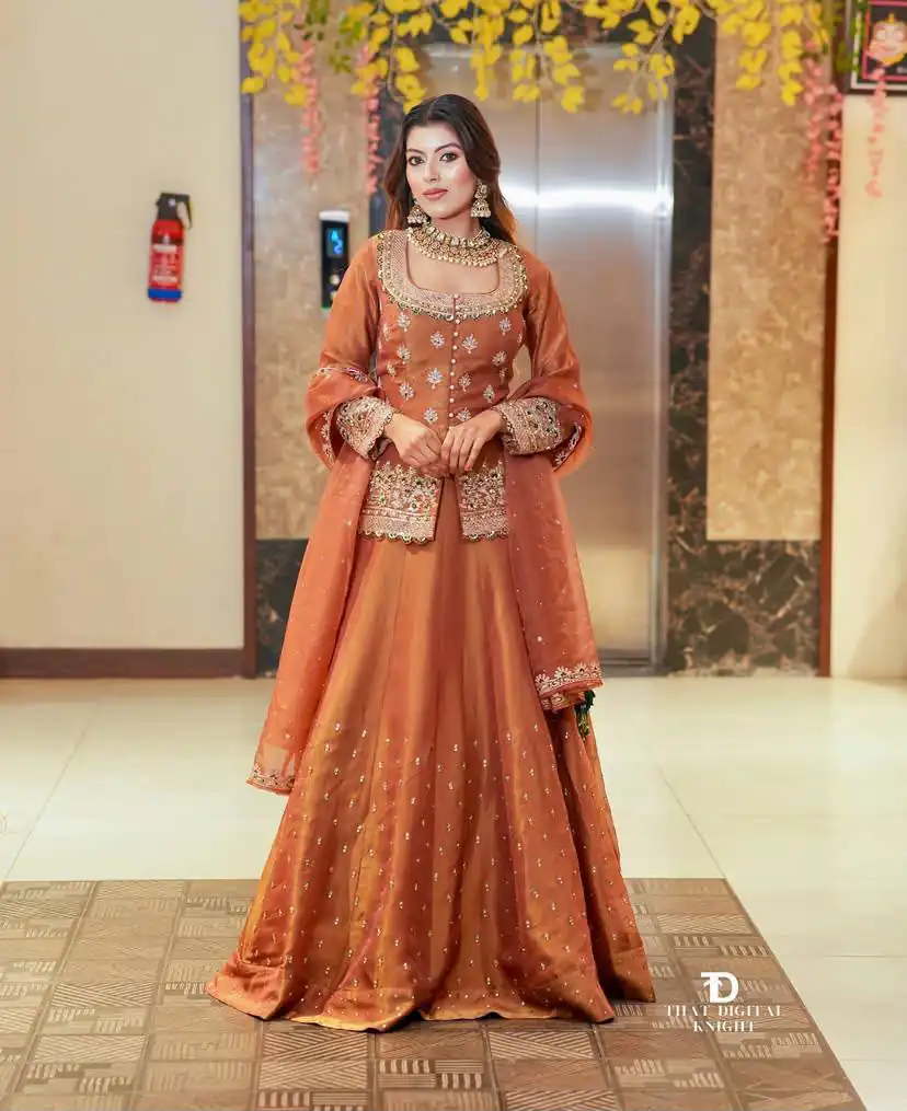 ZC 9008 Peach Simmer Silk Lehenga Choli with Embroidery Work & Sequins Work. Introductory Price ₹2199. Delivery 4-6 Working Days. Shop now. | Lehenga, Bollywood Lehenga, Creative Lehenga, Designer Lehenga, Embroidered Lehenga, Party Wear Lehenga