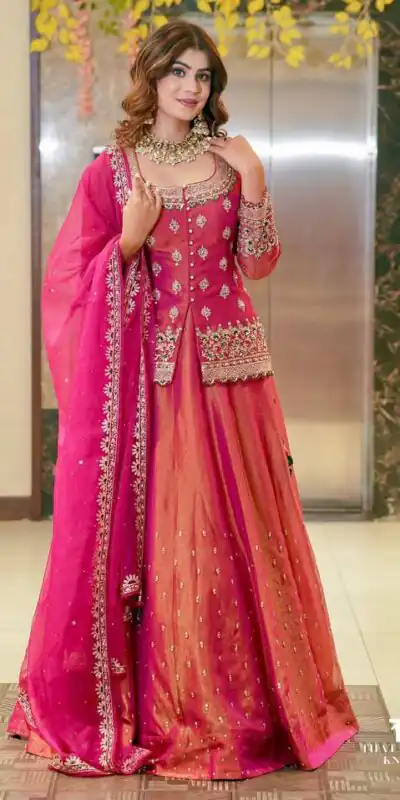 ZC 9008 Pink Simmer Silk Lehenga Choli with Embroidery Work & Sequins Work. Introductory Price ₹2199. Delivery 4-6 Working Days. Shop now. | Lehenga, Bollywood Lehenga, Creative Lehenga, Designer Lehenga, Embroidered Lehenga, Party Wear Lehenga