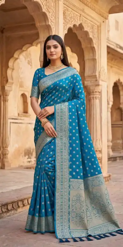Aglow Blue Viscose Dolla Silk Meenakari Zari Work Saree