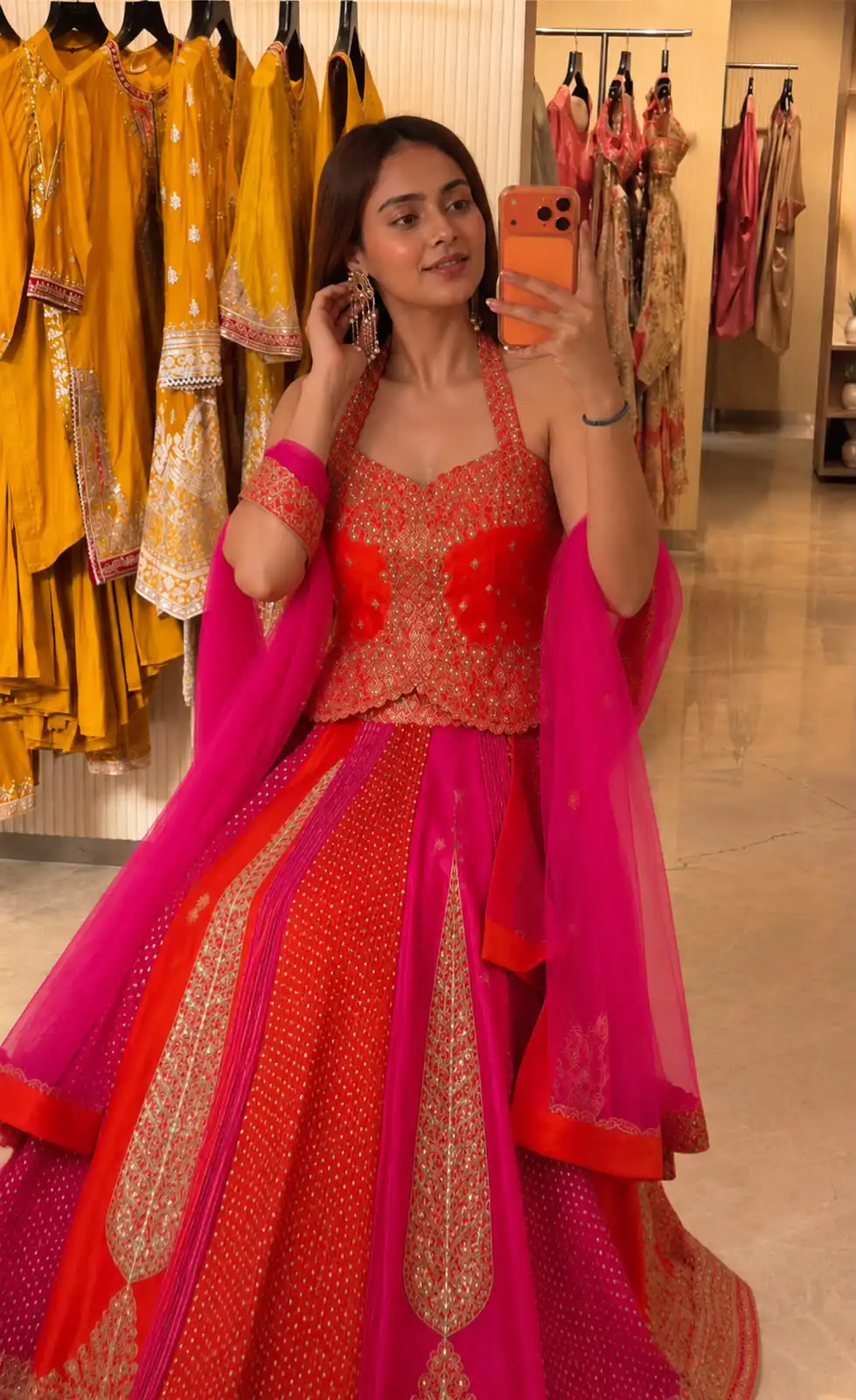 Aglow Orange Chinon Silk Multi Thread Work Lehenga Choli - Image 3