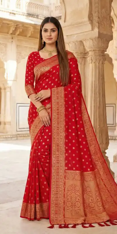 Aglow Red Viscose Dolla Silk Meenakari Zari Work Saree