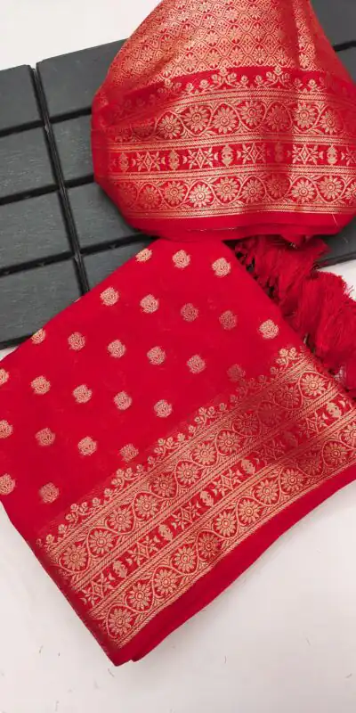 Alternative view of Aglow Red Viscose Dolla Silk Meenakari Zari Work Saree
