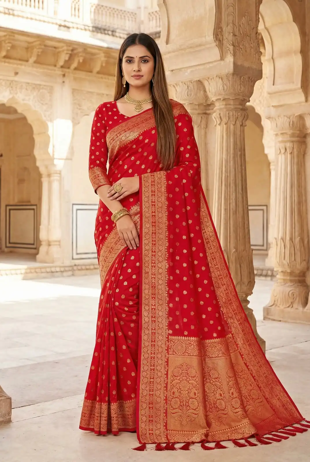 Aglow Red Viscose Dolla Silk Meenakari Zari Work Saree