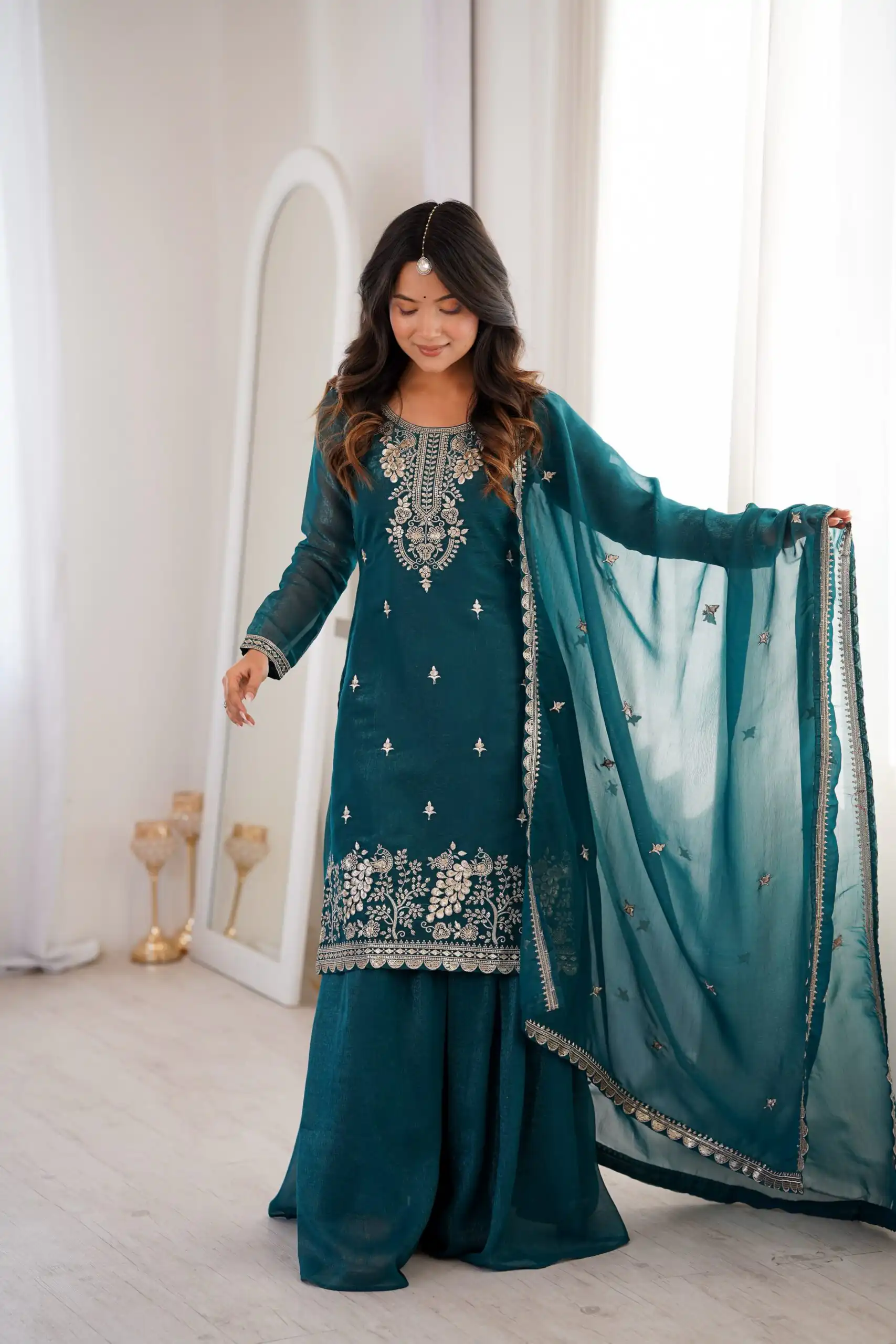 Aglow Teal Crunchy Silk Sequence Work Salwar Suit - Image 5