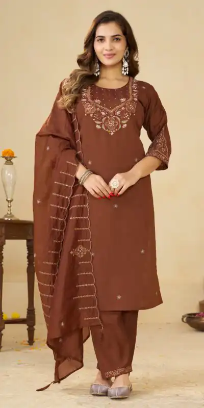 Alluring Brown Marina Silk Embroidery Work Salwar Suit