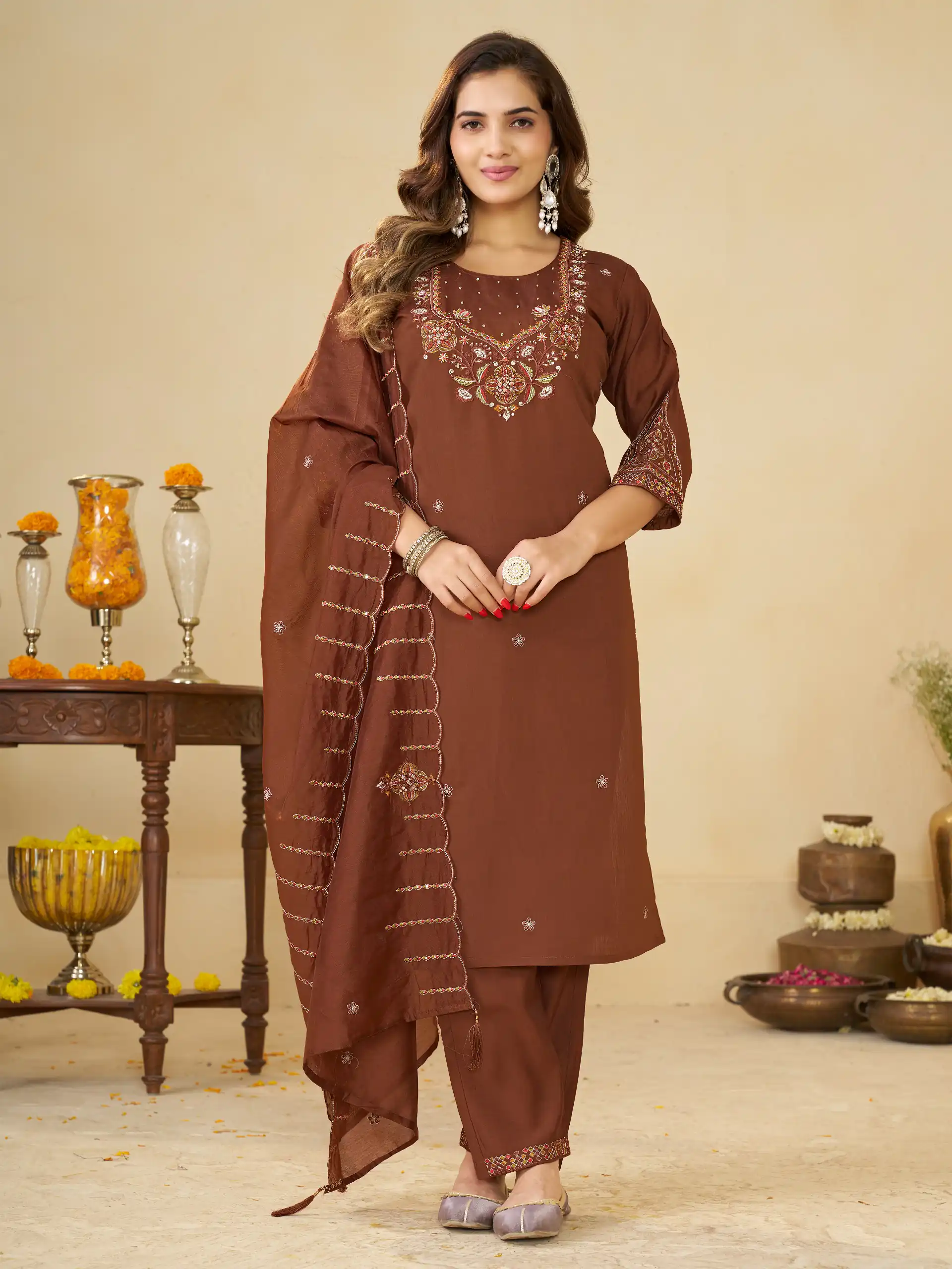 Alluring Brown Marina Silk Embroidery Work Salwar Suit