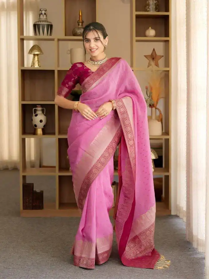 Alluring Pink Soft Silk Jacquard All Over Saree
