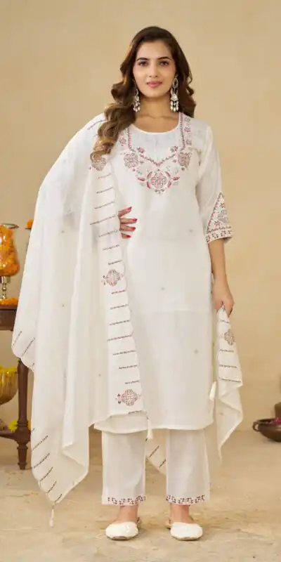 Alluring White Marina Silk Embroidery Work Salwar Suit