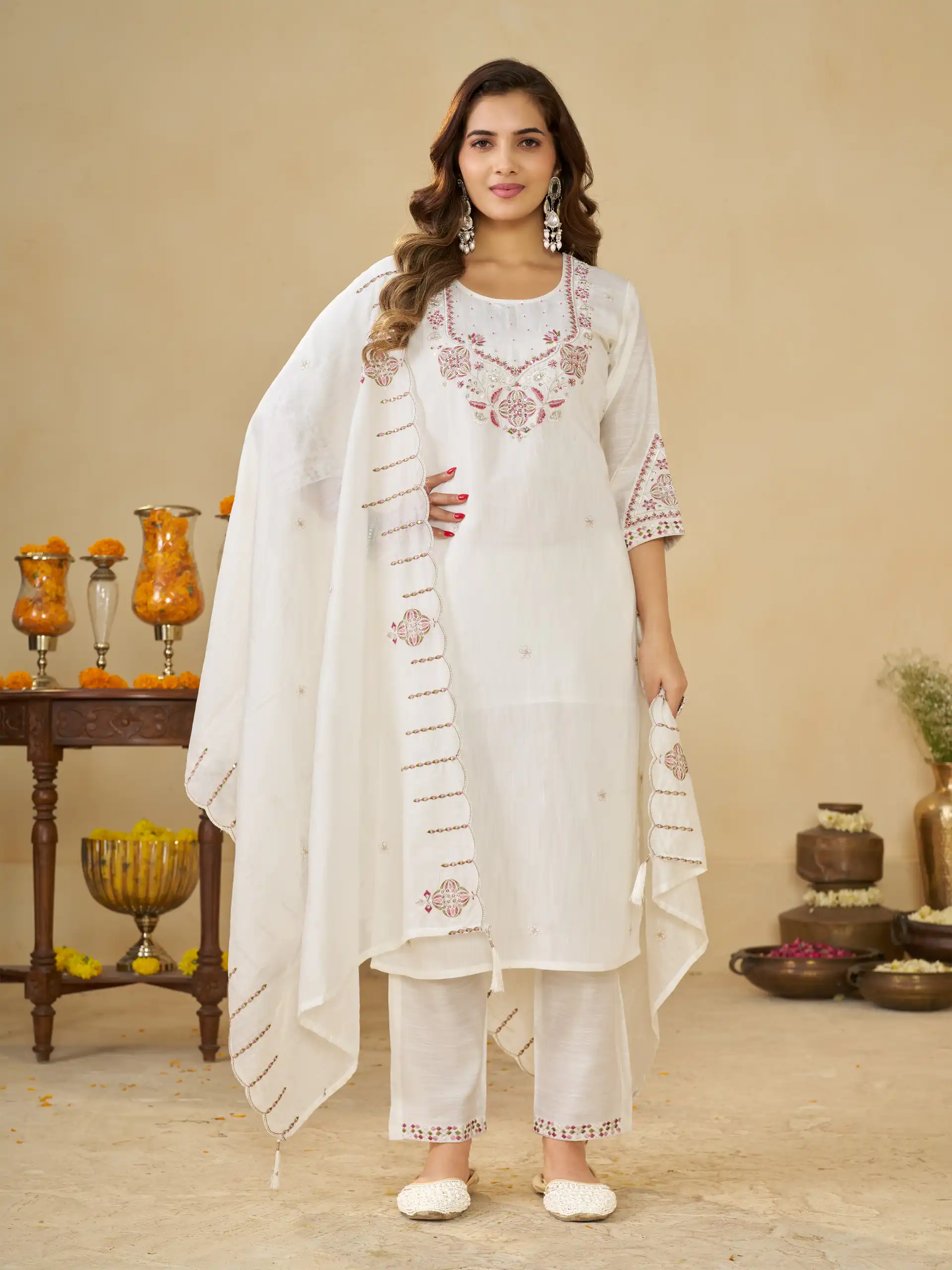 Alluring White Marina Silk Embroidery Work Salwar Suit