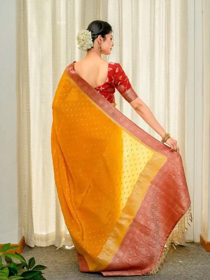 Alluring Yellow Soft Silk Jacquard All Over Saree - Image 4