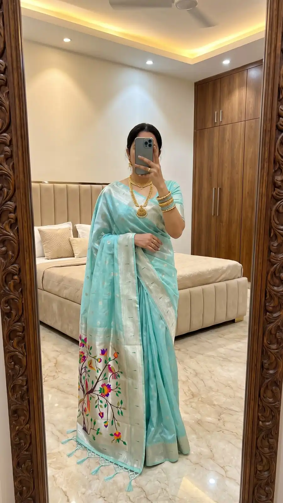 Elegant Blue Organza Silk Paithani Zari Work Saree