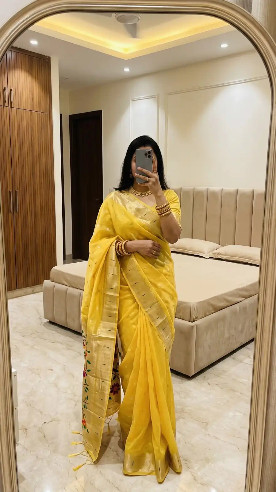Elegant Yellow Organza Silk Paithani Zari Work Saree