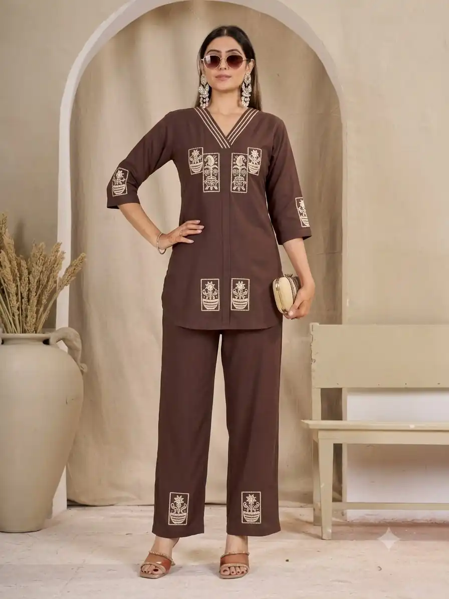 Fancy Brown Rayon Thread Work Kurti