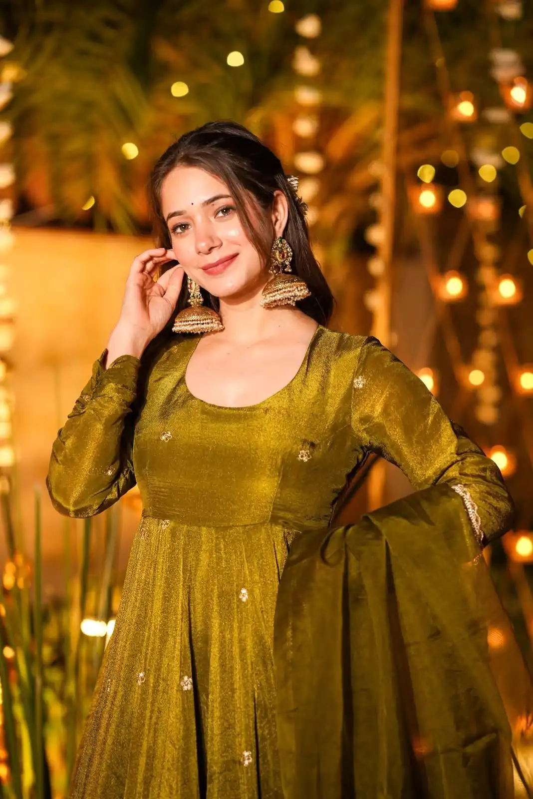 Fancy Mehendi Crunchy Silk Sequence Work Anarkali Suit - Image 5