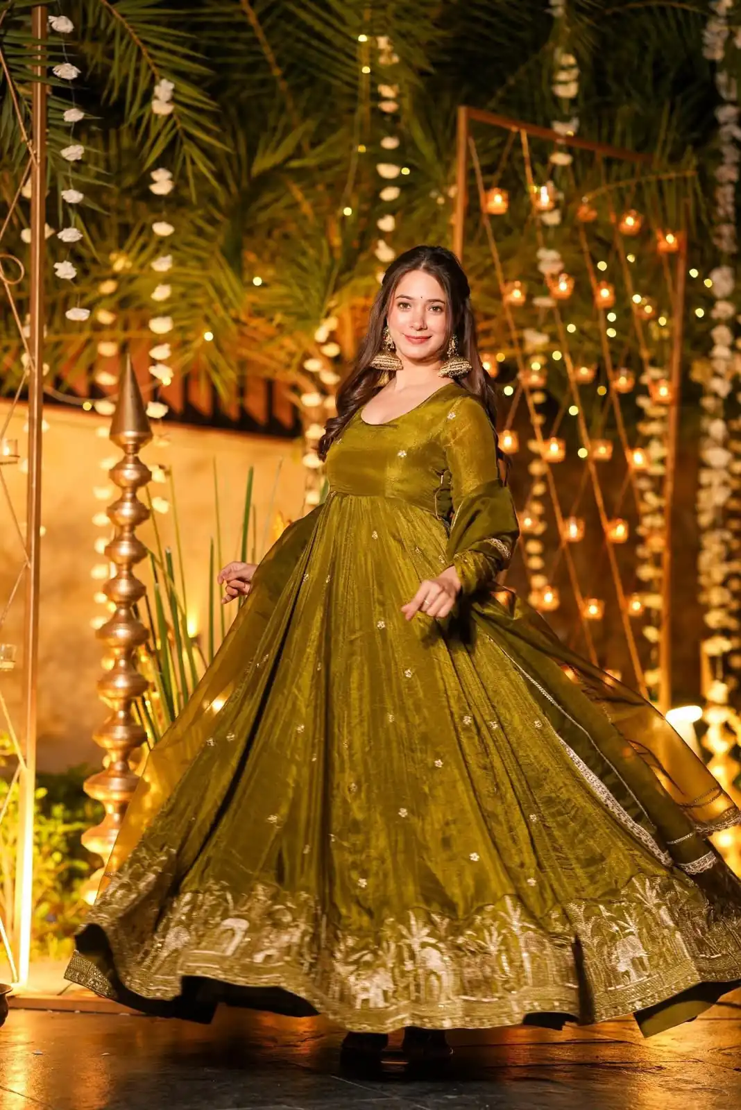 Fancy Mehendi Crunchy Silk Sequence Work Anarkali Suit - Image 2