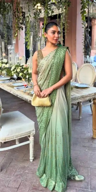 Fancy Pista Faux Georgette Intricate Foil Work Saree