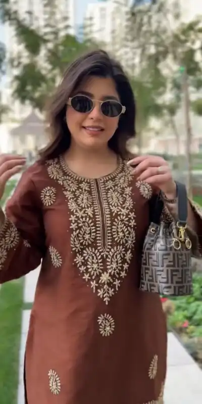 Alternative view of Fancy Rust Slub Rayon Lace Thread Work Kurti