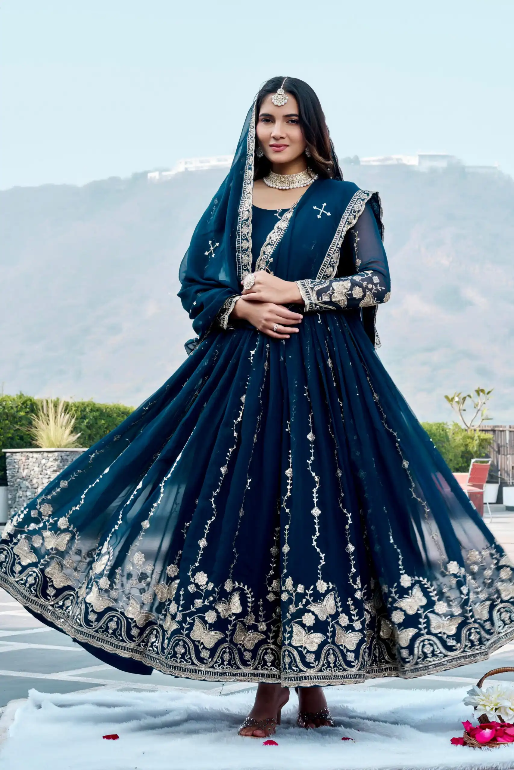 Fancy Teal Faux Georgette Embroider Work Gown - Image 2
