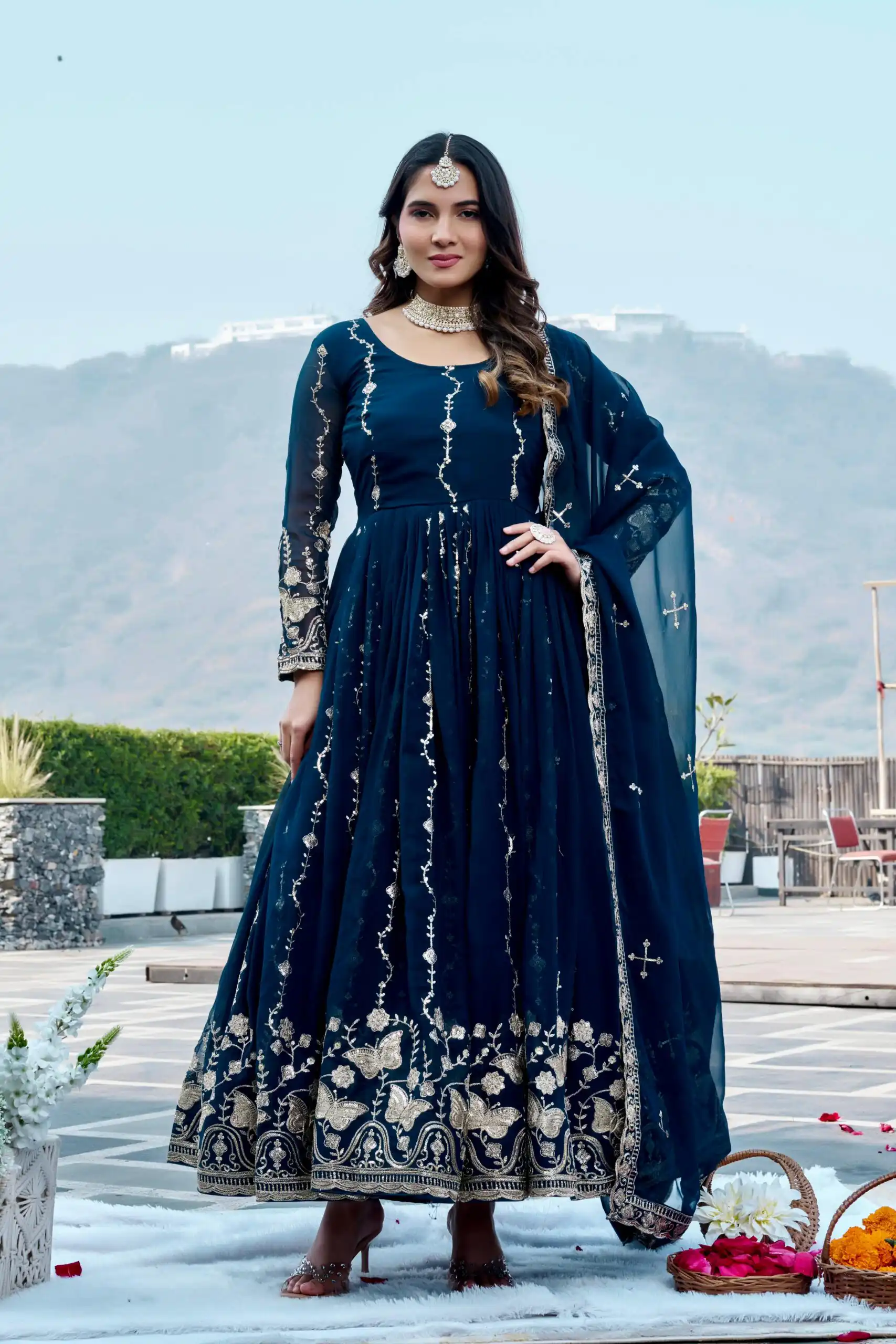 Fancy Teal Faux Georgette Embroider Work Gown