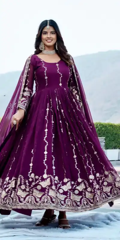 Fancy Wine Faux Georgette Embroider Work Gown
