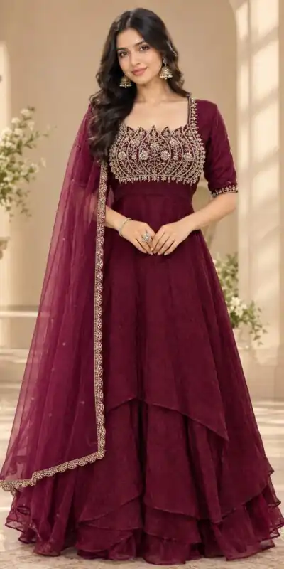 Fancy Wine Fendy Crush Beads Work Gown