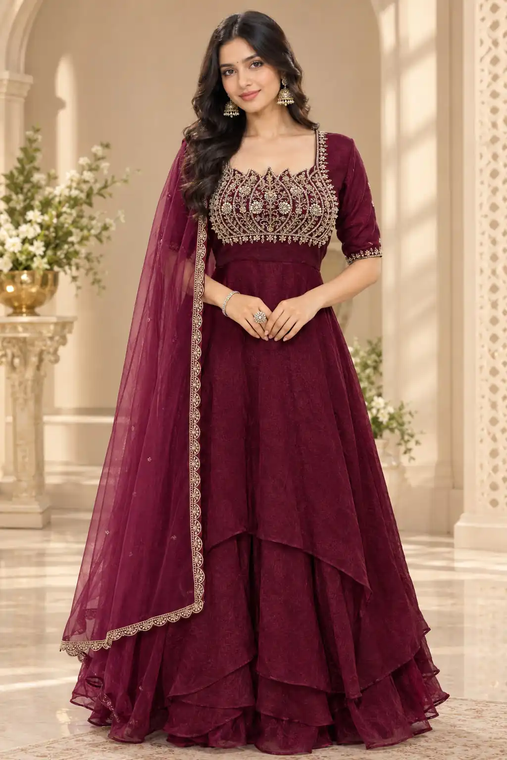 Fancy Wine Fendy Crush Beads Work Gown