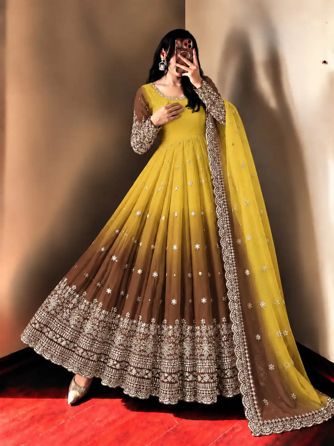 Fancy Yellow Faux Georgette Embroider Work Gown - Image 6