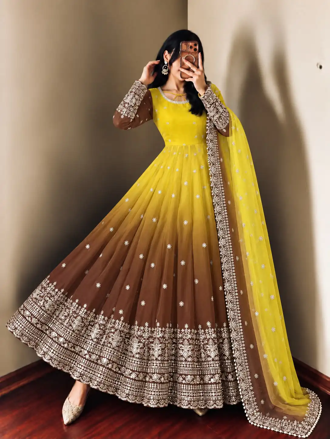 Fancy Yellow Faux Georgette Embroider Work Gown - Image 5