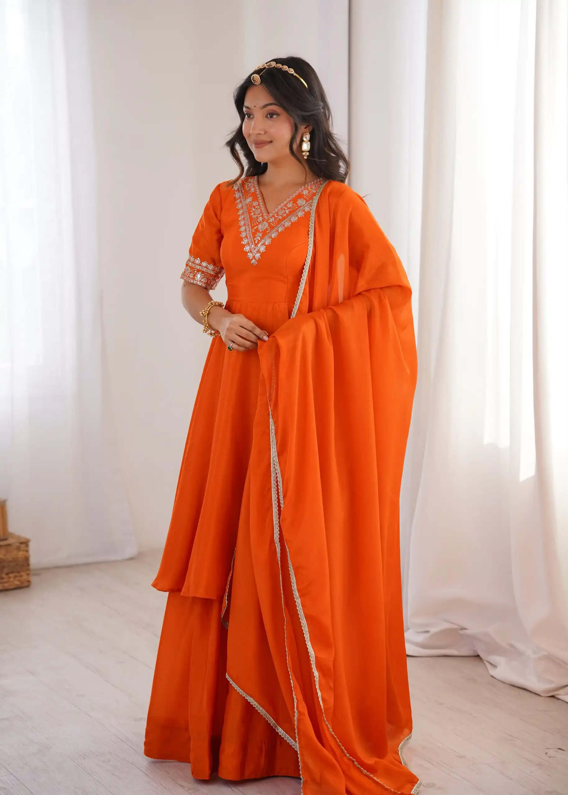 Glowing Orange Chinon Silk Sequin Work Salwar Suit - Image 2