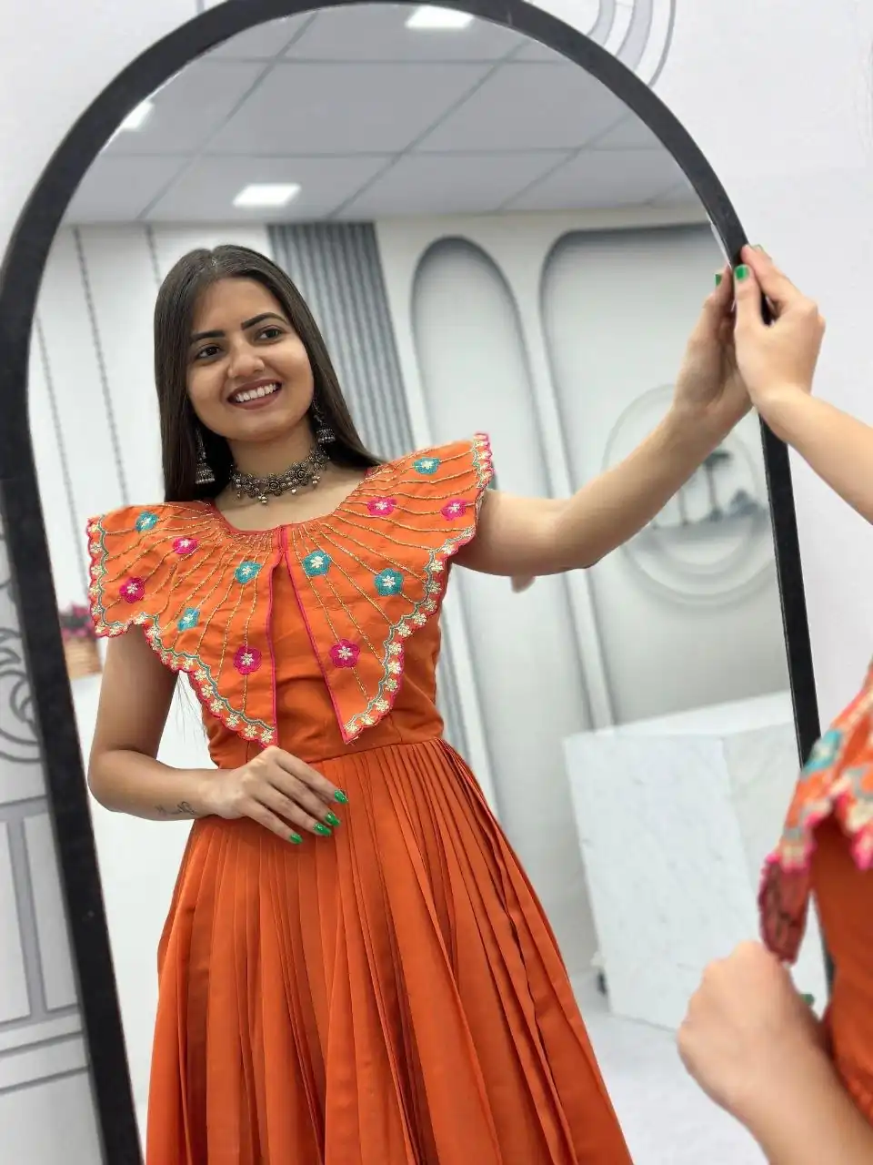 Lovely Orange Roman Thread Khatli Work Gown - Image 2